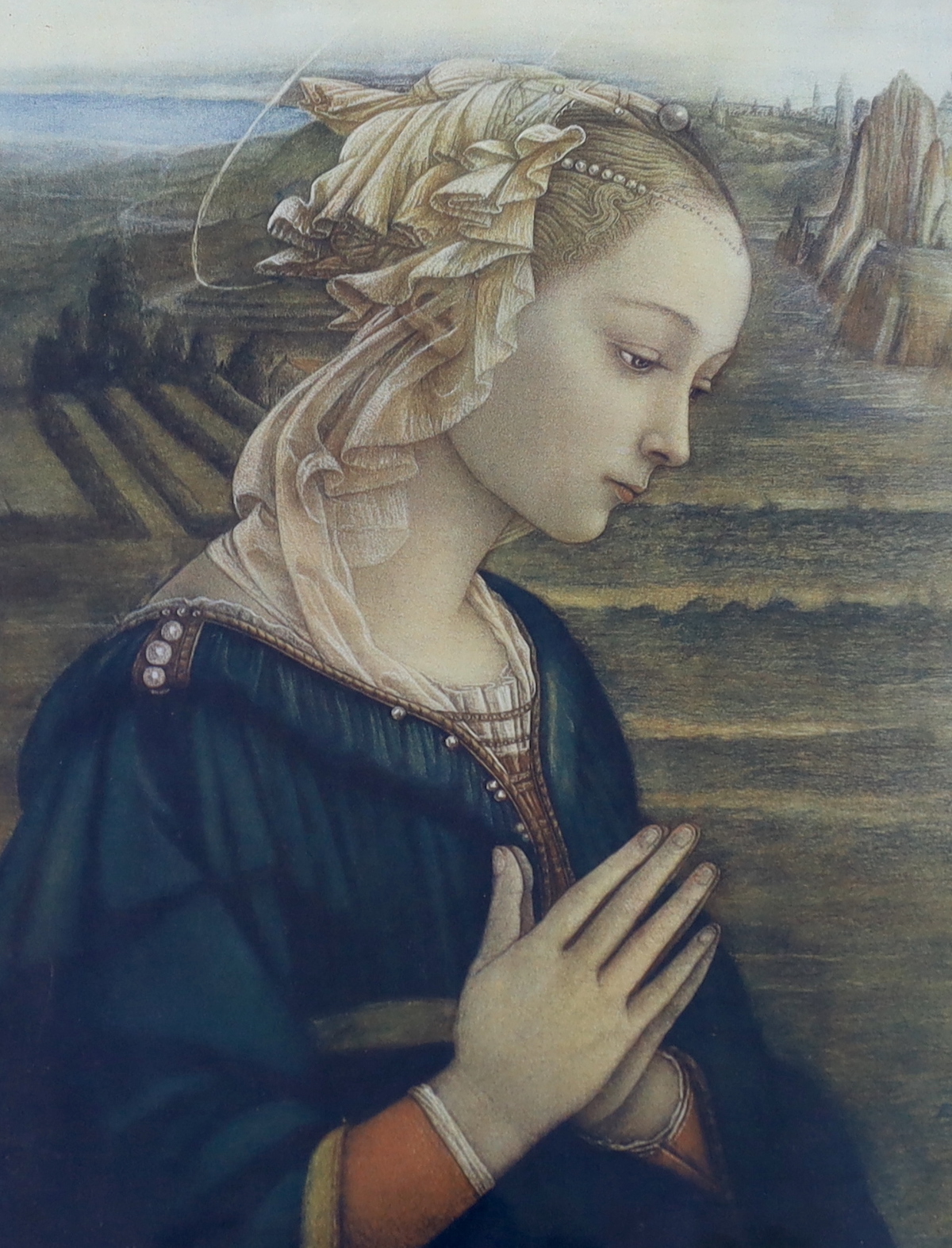 An ornate gilt frame housing a renaissance style print, Madonna after Filippo Lippi (1406-1469), 35 x 27cm